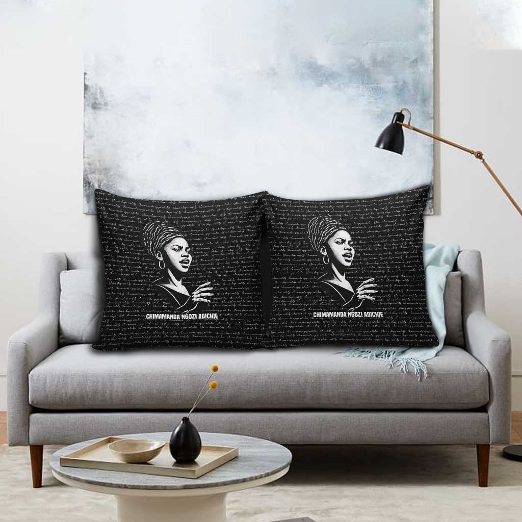 Chimamanda Ngozi Adichie Pillow Cover with Expressive Speaking Portrait, Stories Shape Reality - Wonder Print Shop
