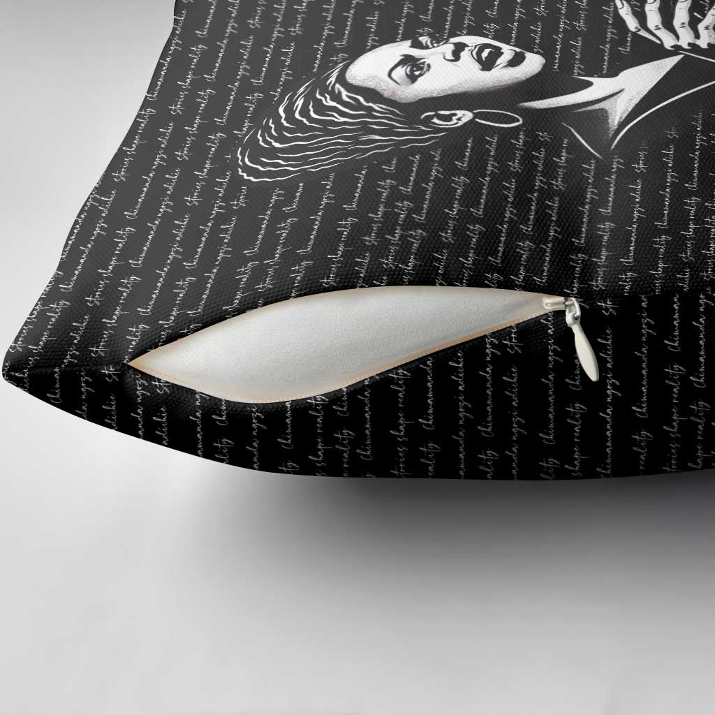 Chimamanda Ngozi Adichie Pillow Cover with Expressive Speaking Portrait, Stories Shape Reality - Wonder Print Shop