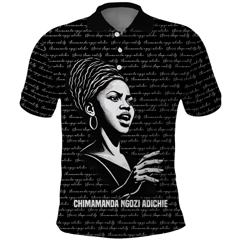 Chimamanda Ngozi Adichie Polo Shirt with Expressive Speaking Portrait, Stories Shape Reality - Wonder Print Shop