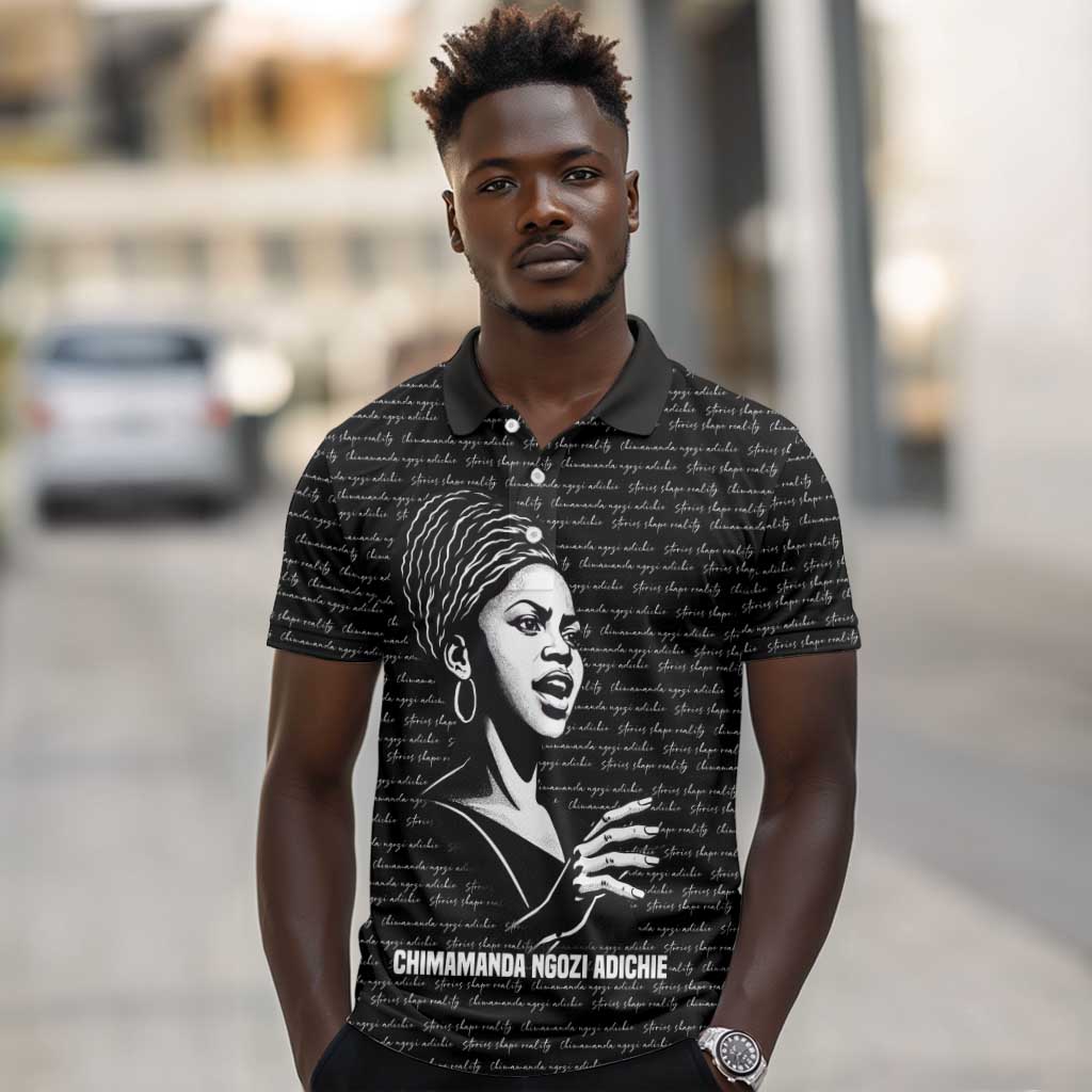 Chimamanda Ngozi Adichie Polo Shirt with Expressive Speaking Portrait, Stories Shape Reality - Wonder Print Shop