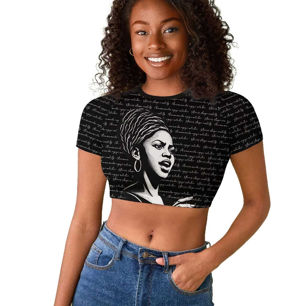 Chimamanda Ngozi Adichie Raglan Cropped T shirt with Expressive Speaking Portrait, Stories Shape Reality - Wonder Print Shop