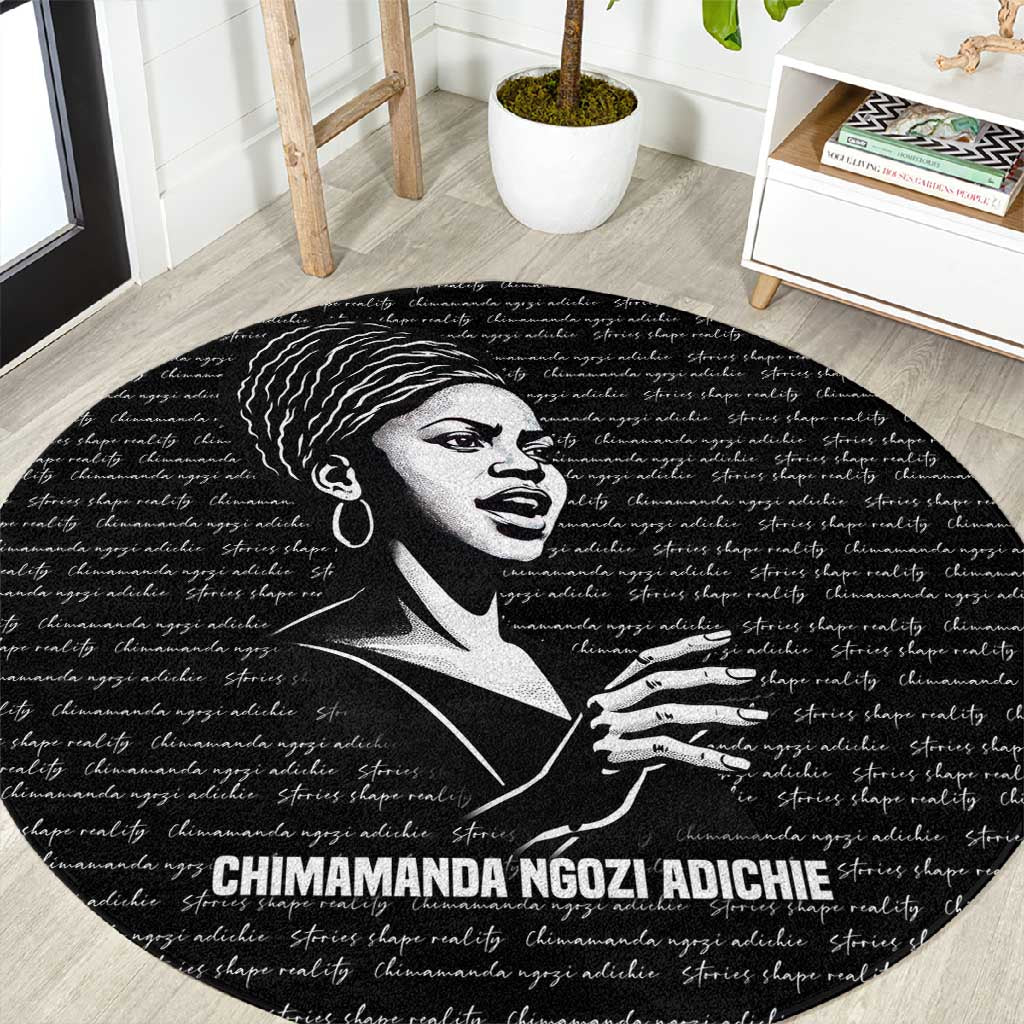 Chimamanda Ngozi Adichie Round Carpet with Expressive Speaking Portrait, Stories Shape Reality - Wonder Print Shop
