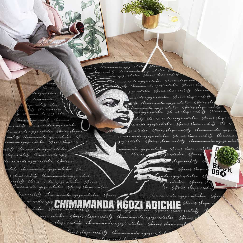 Chimamanda Ngozi Adichie Round Carpet with Expressive Speaking Portrait, Stories Shape Reality - Wonder Print Shop