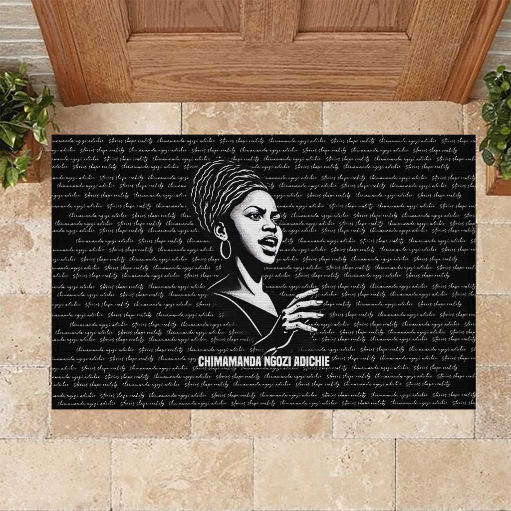 Chimamanda Ngozi Adichie Rubber Doormat with Expressive Speaking Portrait, Stories Shape Reality - Wonder Print Shop