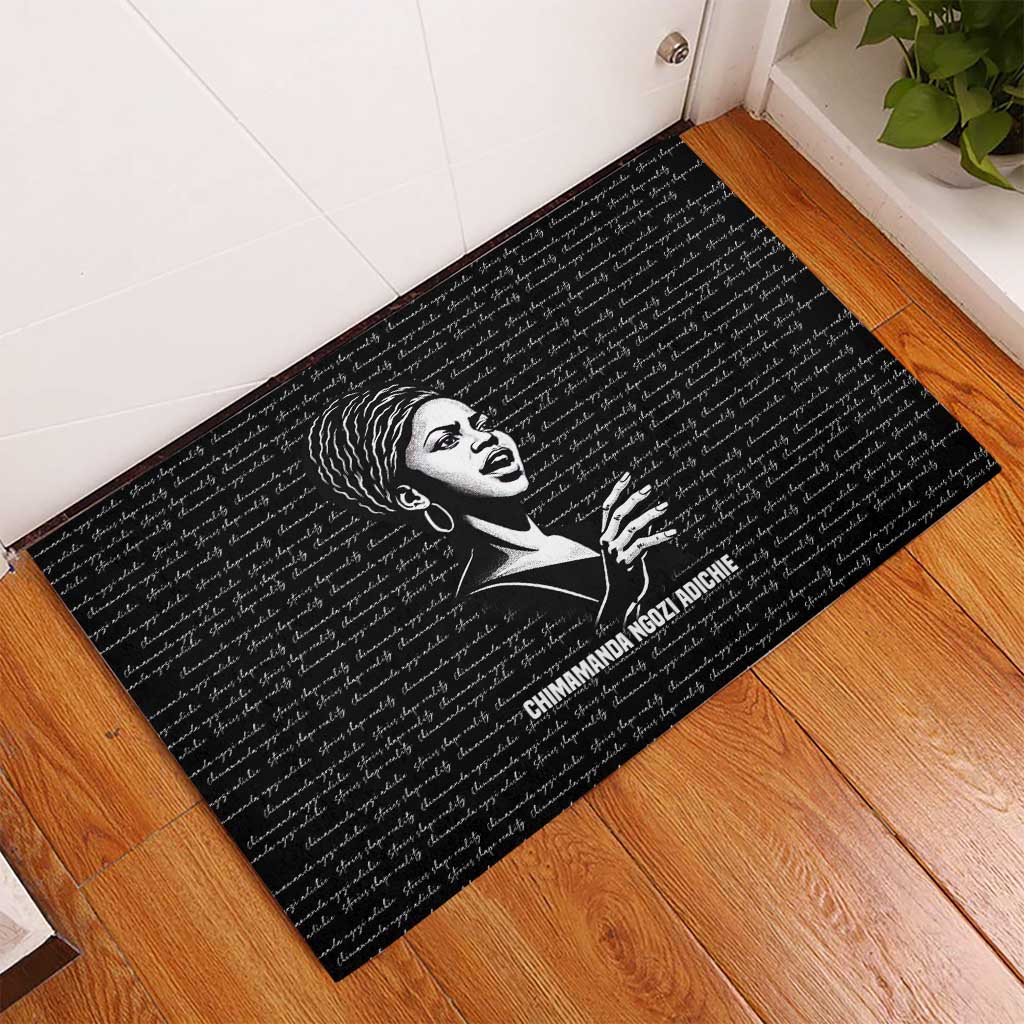 Chimamanda Ngozi Adichie Rubber Doormat with Expressive Speaking Portrait, Stories Shape Reality - Wonder Print Shop