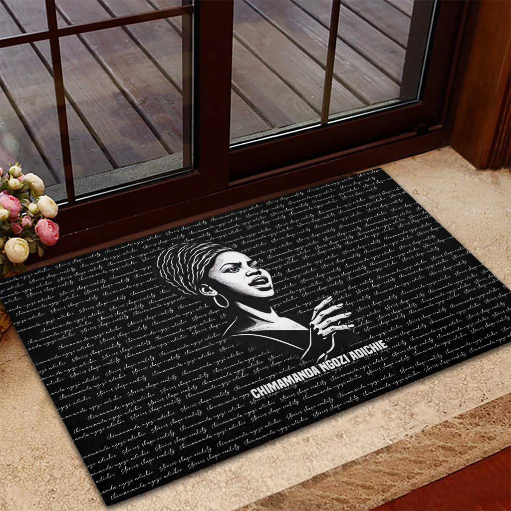 Chimamanda Ngozi Adichie Rubber Doormat with Expressive Speaking Portrait, Stories Shape Reality - Wonder Print Shop