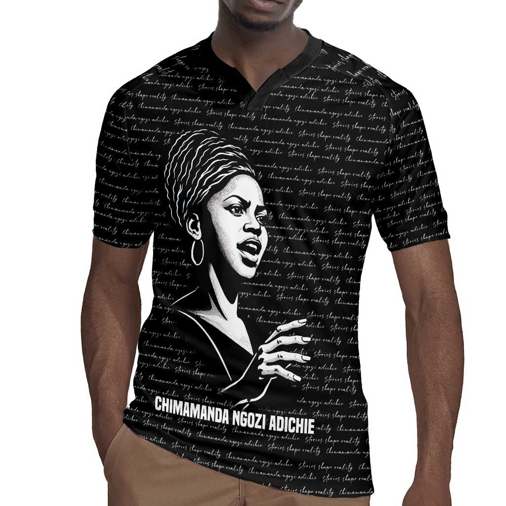 Chimamanda Ngozi Adichie Rugby Jersey with Expressive Speaking Portrait, Stories Shape Reality - Wonder Print Shop