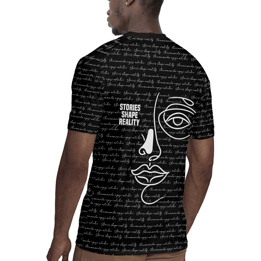 Chimamanda Ngozi Adichie Rugby Jersey with Expressive Speaking Portrait, Stories Shape Reality - Wonder Print Shop