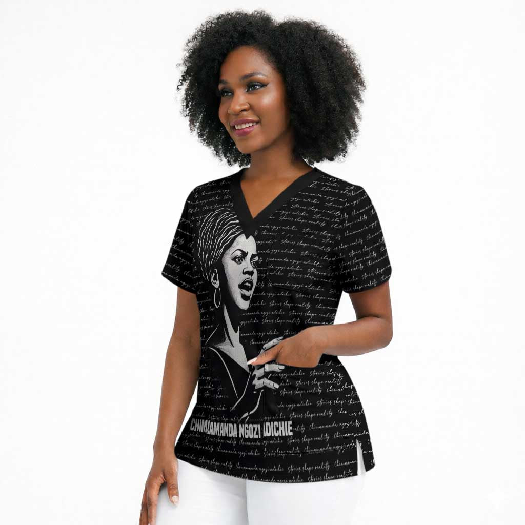 Chimamanda Ngozi Adichie Scrub Top with Expressive Speaking Portrait, Stories Shape Reality - Wonder Print Shop