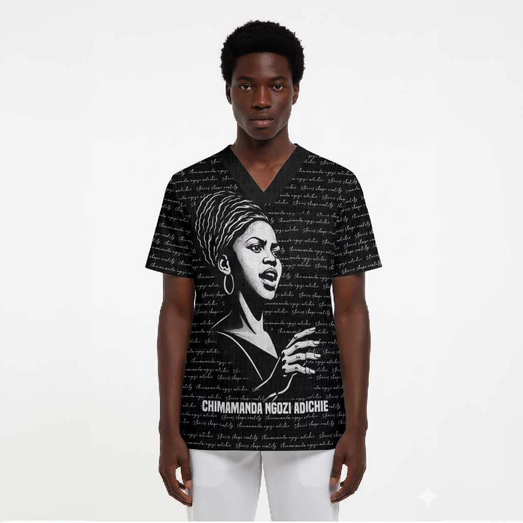 Chimamanda Ngozi Adichie Scrub Top with Expressive Speaking Portrait, Stories Shape Reality - Wonder Print Shop