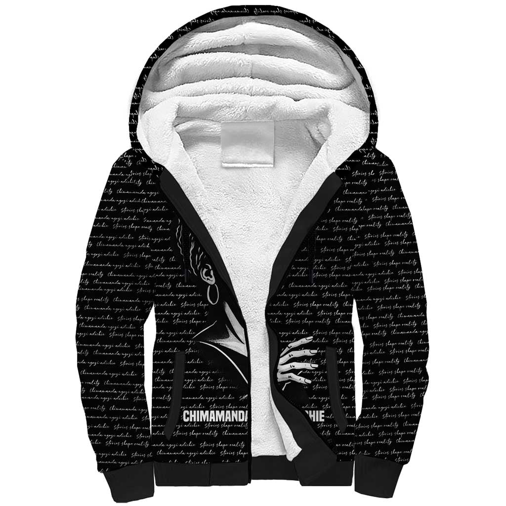 Chimamanda Ngozi Adichie Sherpa Hoodie with Expressive Speaking Portrait, Stories Shape Reality - Wonder Print Shop