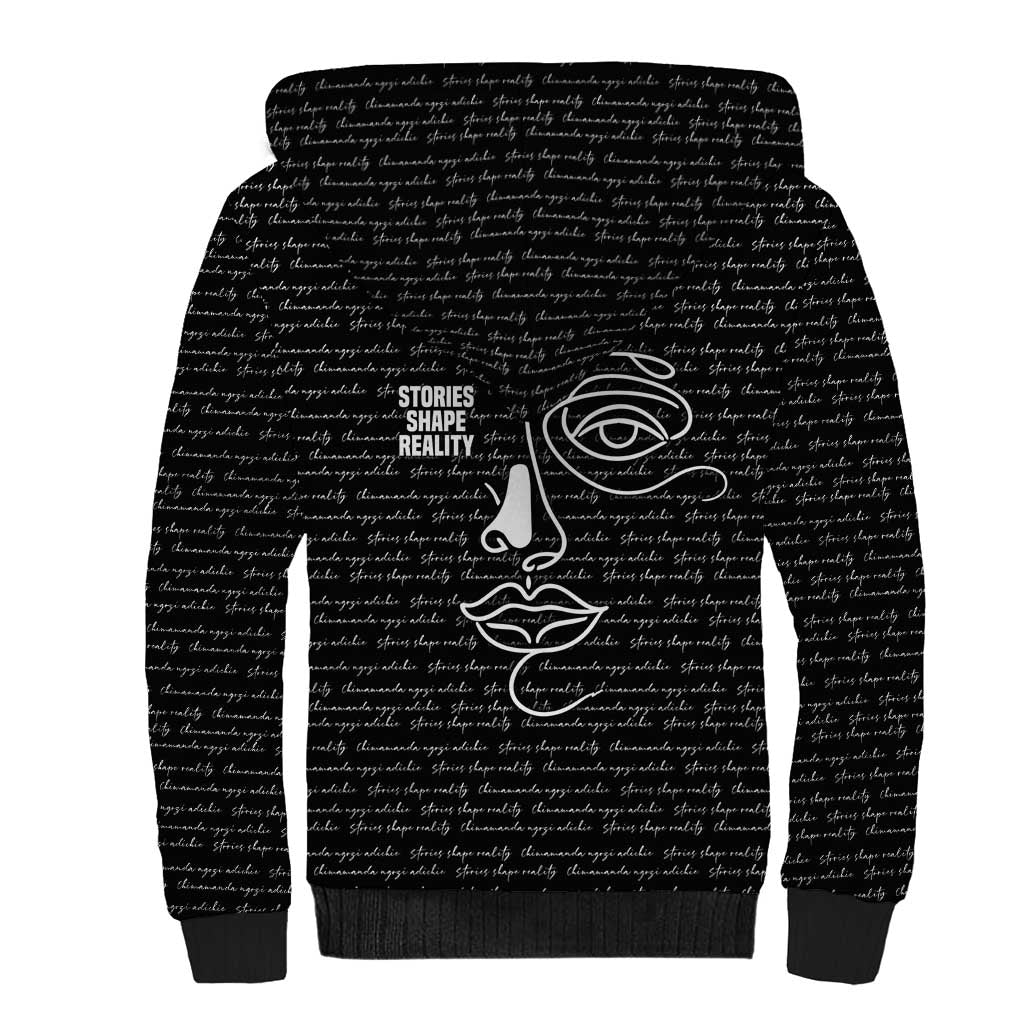 Chimamanda Ngozi Adichie Sherpa Hoodie with Expressive Speaking Portrait, Stories Shape Reality - Wonder Print Shop