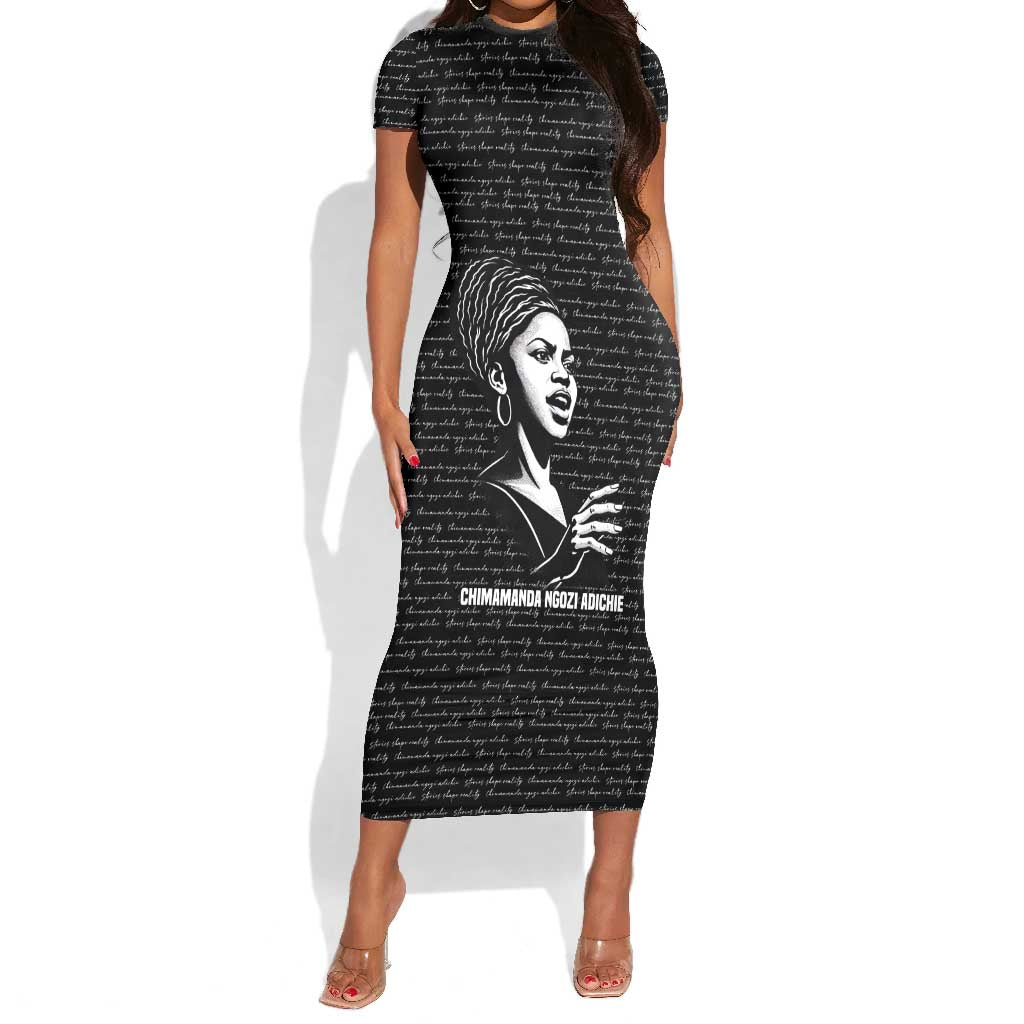 Chimamanda Ngozi Adichie Short Sleeve Bodycon Dress with Expressive Speaking Portrait, Stories Shape Reality - Wonder Print Shop