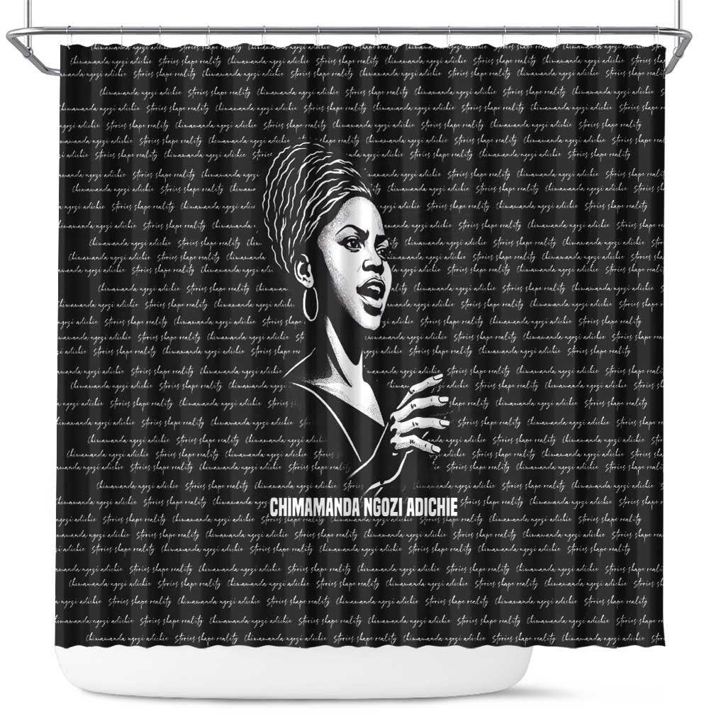 Chimamanda Ngozi Adichie Shower Curtain with Expressive Speaking Portrait, Stories Shape Reality - Wonder Print Shop