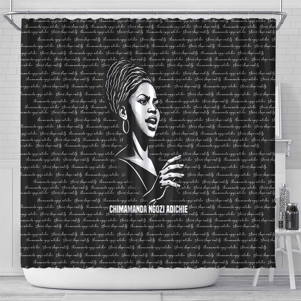 Chimamanda Ngozi Adichie Shower Curtain with Expressive Speaking Portrait, Stories Shape Reality - Wonder Print Shop
