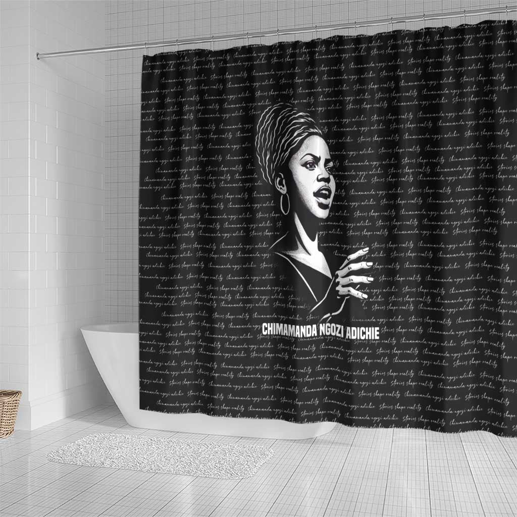 Chimamanda Ngozi Adichie Shower Curtain with Expressive Speaking Portrait, Stories Shape Reality - Wonder Print Shop