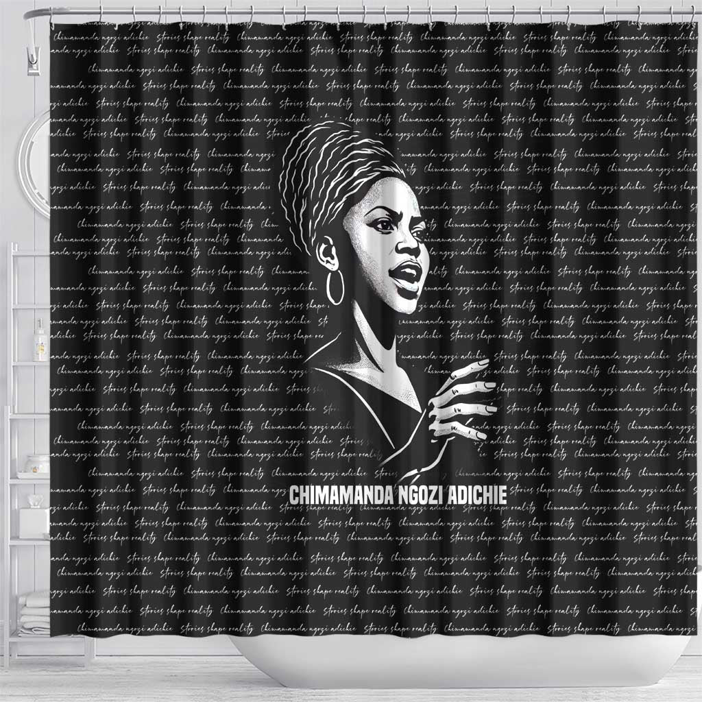 Chimamanda Ngozi Adichie Shower Curtain with Expressive Speaking Portrait, Stories Shape Reality - Wonder Print Shop