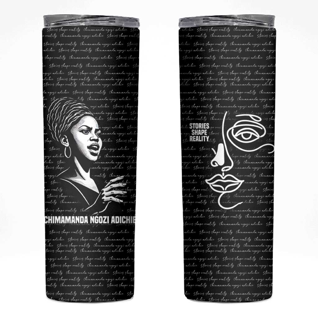 Chimamanda Ngozi Adichie Skinny Tumbler with Expressive Speaking Portrait, Stories Shape Reality - Wonder Print Shop