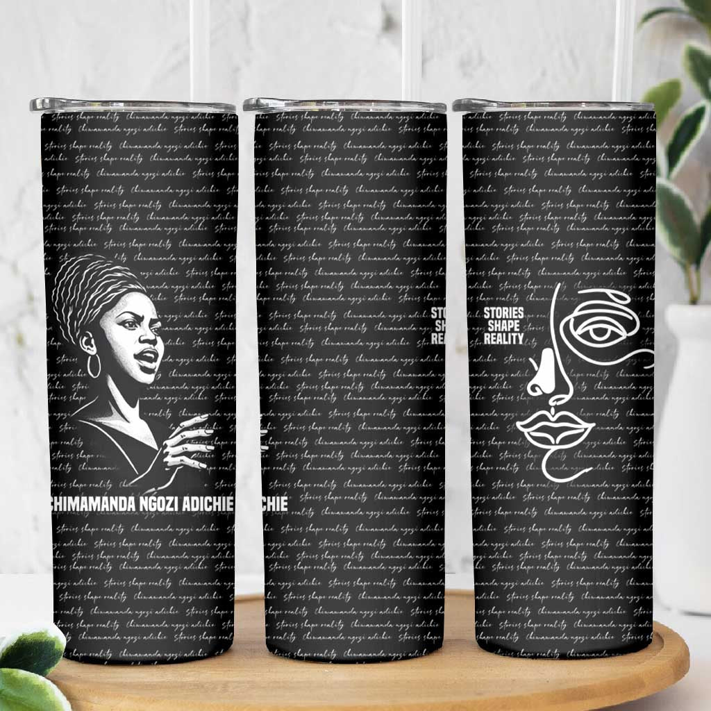 Chimamanda Ngozi Adichie Skinny Tumbler with Expressive Speaking Portrait, Stories Shape Reality - Wonder Print Shop