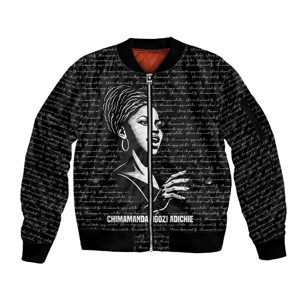 Chimamanda Ngozi Adichie Sleeve Zip Bomber Jacket with Expressive Speaking Portrait, Stories Shape Reality - Wonder Print Shop