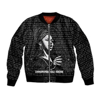 Chimamanda Ngozi Adichie Sleeve Zip Bomber Jacket with Expressive Speaking Portrait, Stories Shape Reality - Wonder Print Shop