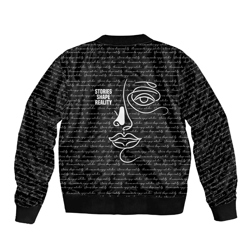 Chimamanda Ngozi Adichie Sleeve Zip Bomber Jacket with Expressive Speaking Portrait, Stories Shape Reality - Wonder Print Shop