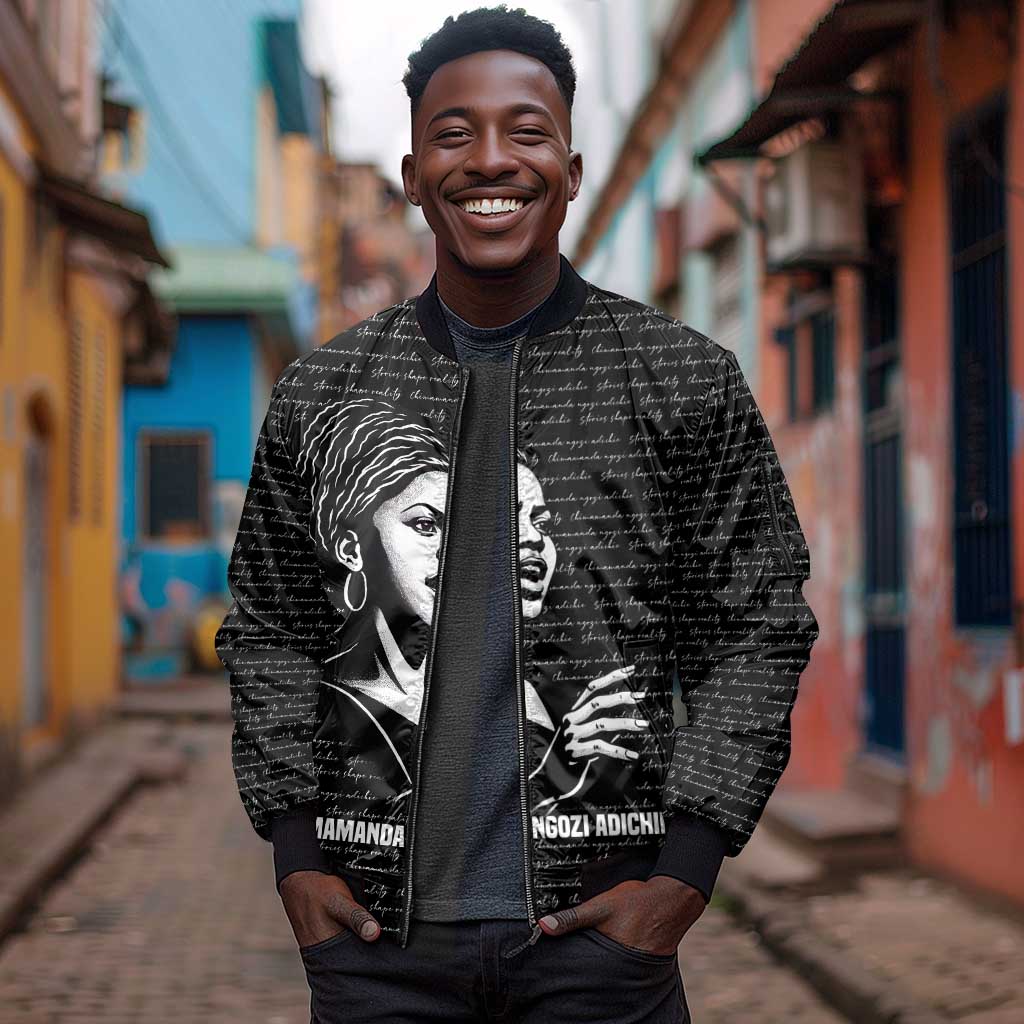 Chimamanda Ngozi Adichie Sleeve Zip Bomber Jacket with Expressive Speaking Portrait, Stories Shape Reality - Wonder Print Shop