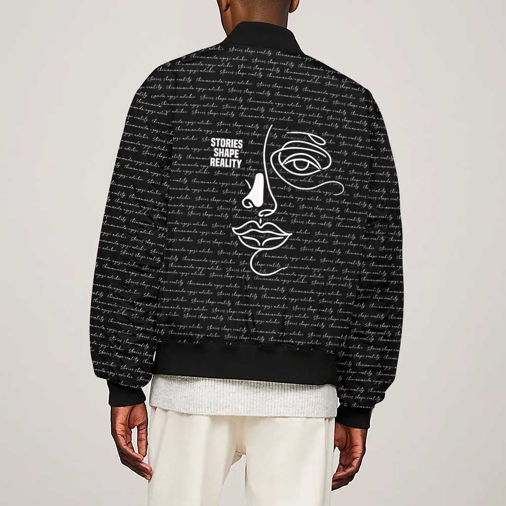 Chimamanda Ngozi Adichie Sleeve Zip Bomber Jacket with Expressive Speaking Portrait, Stories Shape Reality - Wonder Print Shop