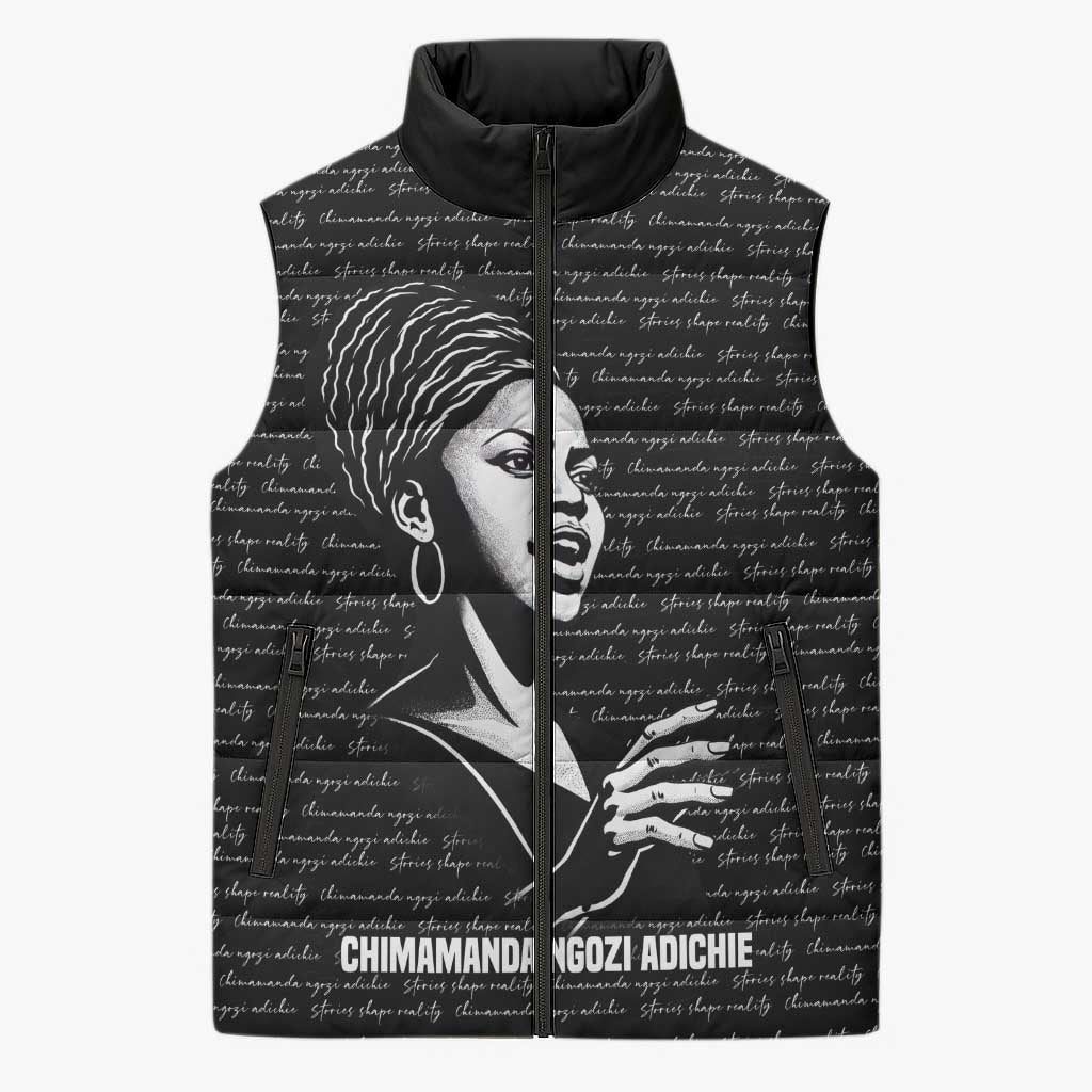 Chimamanda Ngozi Adichie Sleeveless Puffer Jacket with Expressive Speaking Portrait, Stories Shape Reality - Wonder Print Shop
