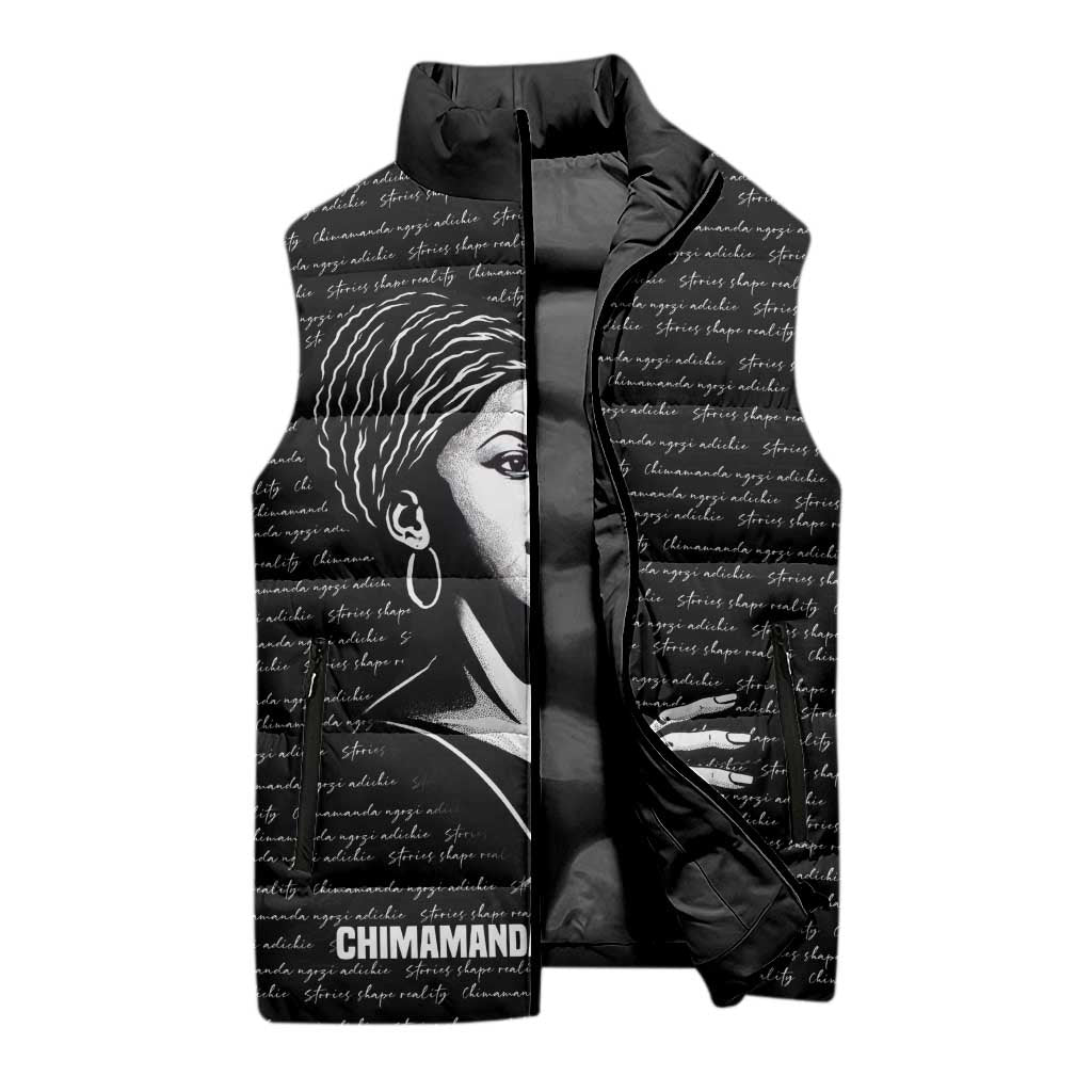 Chimamanda Ngozi Adichie Sleeveless Puffer Jacket with Expressive Speaking Portrait, Stories Shape Reality - Wonder Print Shop