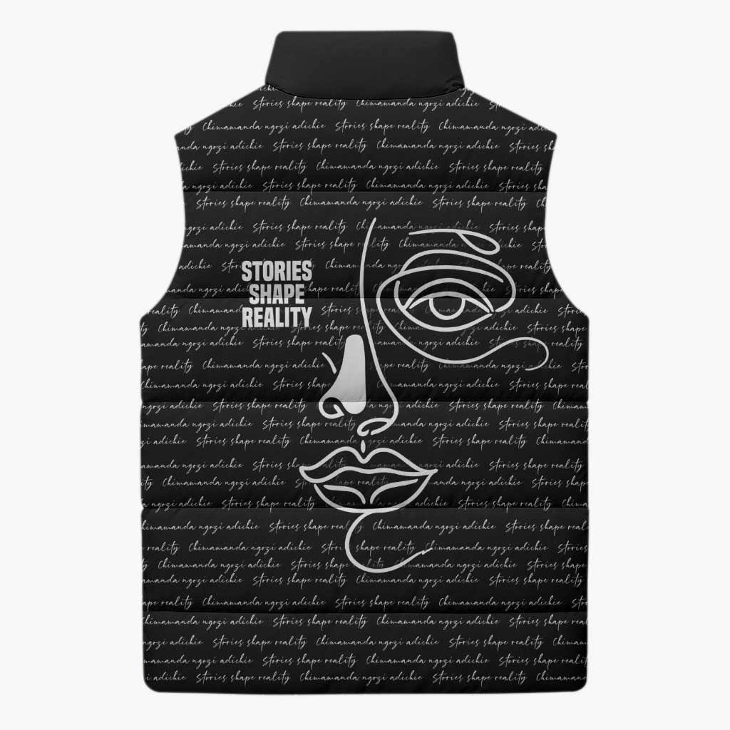 Chimamanda Ngozi Adichie Sleeveless Puffer Jacket with Expressive Speaking Portrait, Stories Shape Reality - Wonder Print Shop