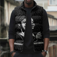 Chimamanda Ngozi Adichie Sleeveless Puffer Jacket with Expressive Speaking Portrait, Stories Shape Reality - Wonder Print Shop