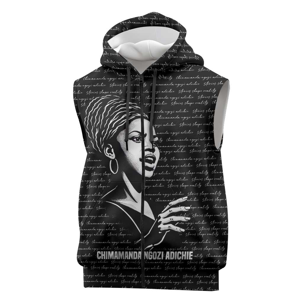 Chimamanda Ngozi Adichie Sleeveless Zip Hoodie with Expressive Speaking Portrait, Stories Shape Reality - Wonder Print Shop