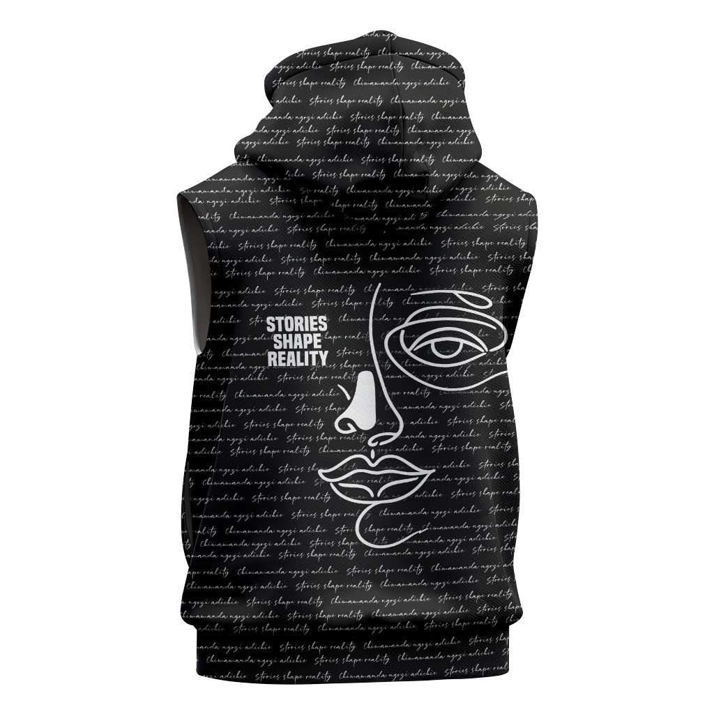 Chimamanda Ngozi Adichie Sleeveless Zip Hoodie with Expressive Speaking Portrait, Stories Shape Reality - Wonder Print Shop