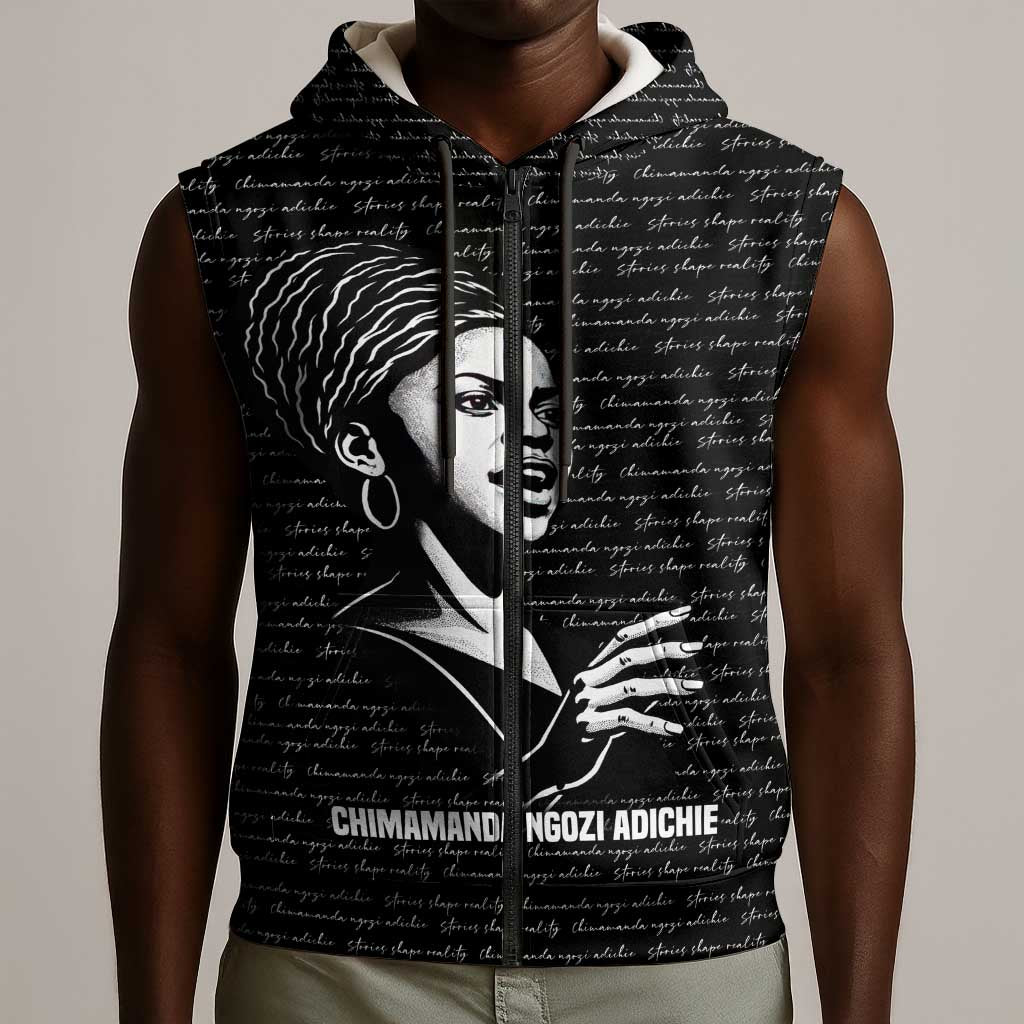 Chimamanda Ngozi Adichie Sleeveless Zip Hoodie with Expressive Speaking Portrait, Stories Shape Reality - Wonder Print Shop
