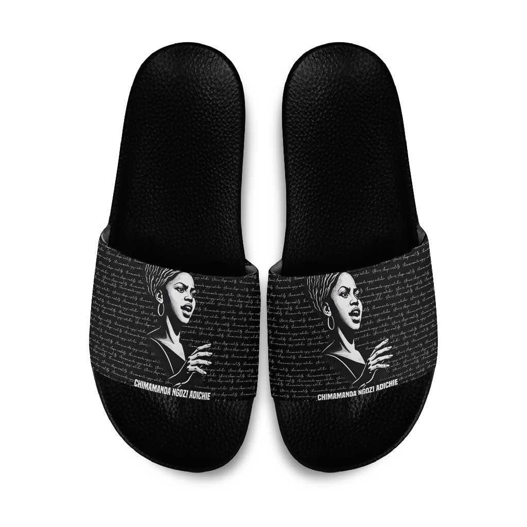 Chimamanda Ngozi Adichie Slide Sandals with Expressive Speaking Portrait, Stories Shape Reality - Wonder Print Shop