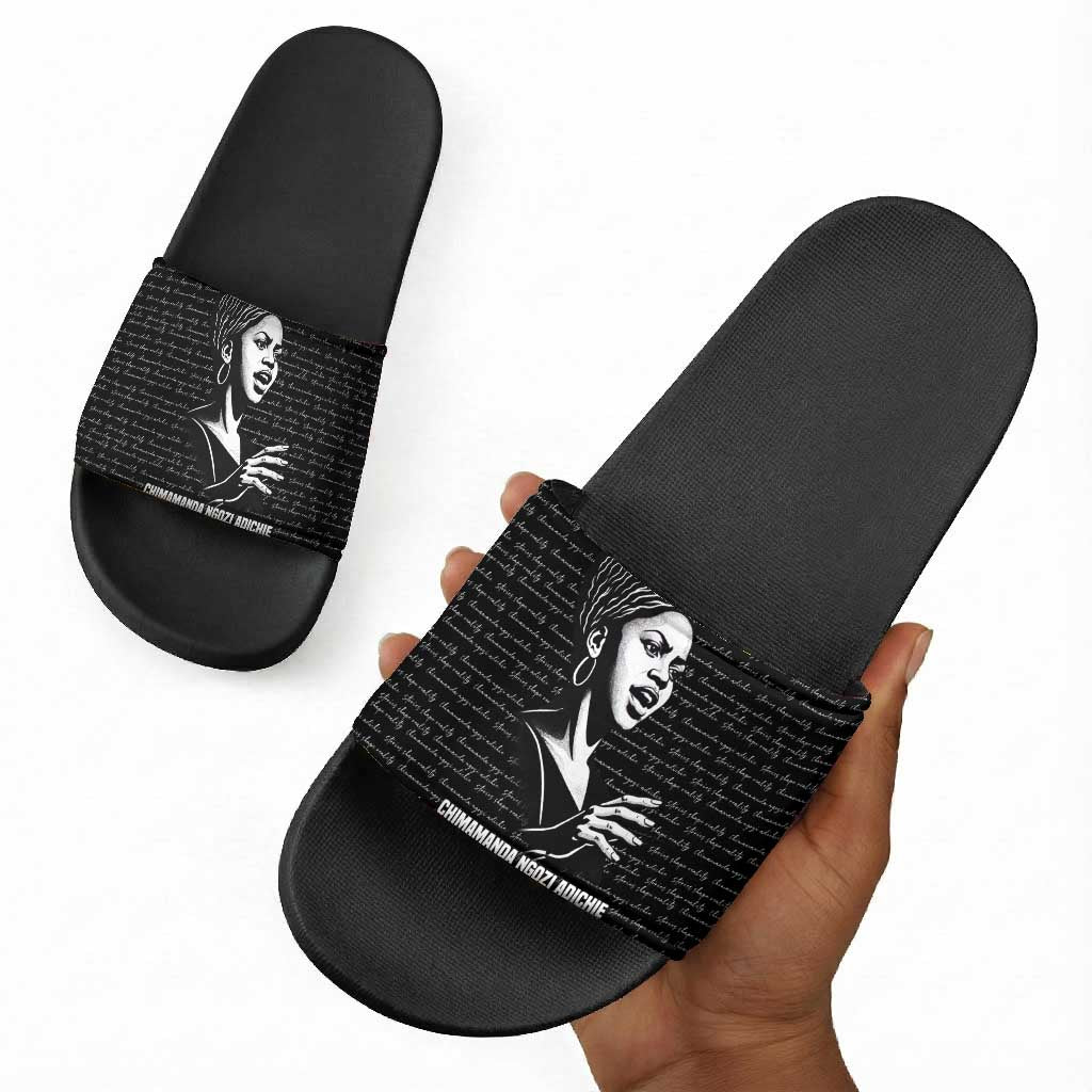 Chimamanda Ngozi Adichie Slide Sandals with Expressive Speaking Portrait, Stories Shape Reality - Wonder Print Shop