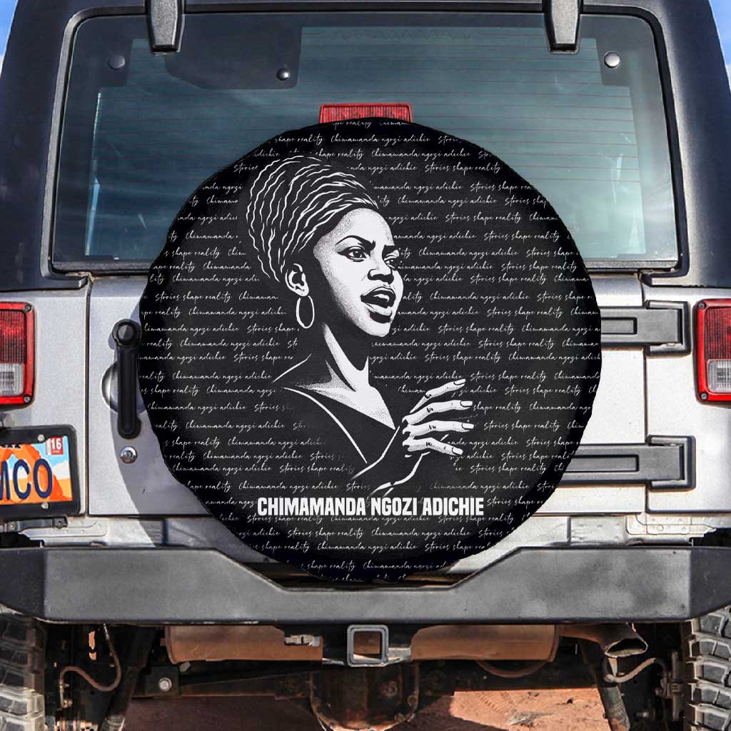 Chimamanda Ngozi Adichie Spare Tire Cover with Expressive Speaking Portrait, Stories Shape Reality - Wonder Print Shop