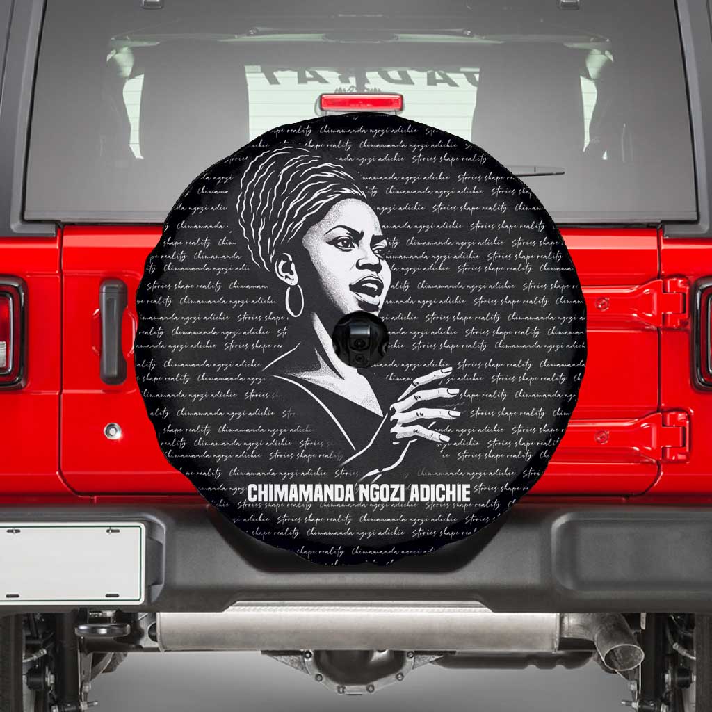 Chimamanda Ngozi Adichie Spare Tire Cover with Expressive Speaking Portrait, Stories Shape Reality - Wonder Print Shop