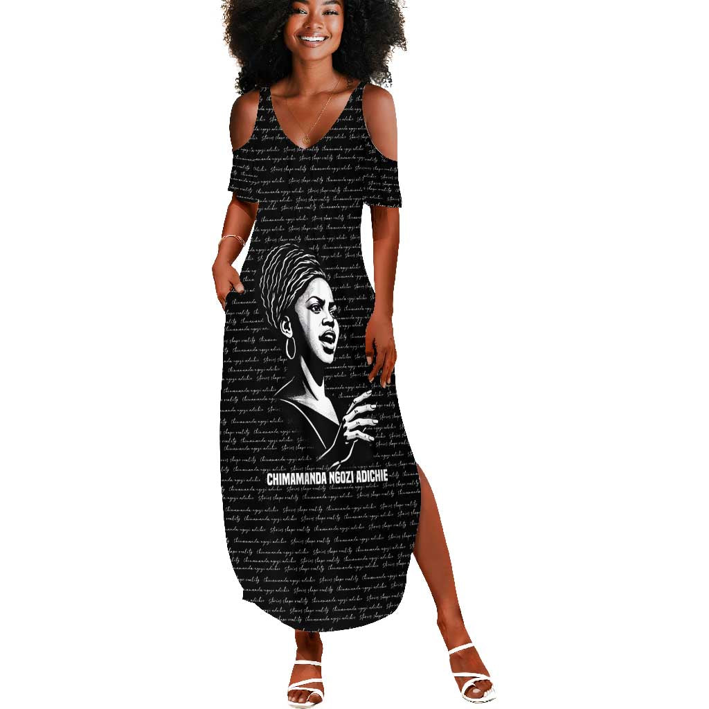 Chimamanda Ngozi Adichie Summer Maxi Dress with Expressive Speaking Portrait, Stories Shape Reality - Wonder Print Shop