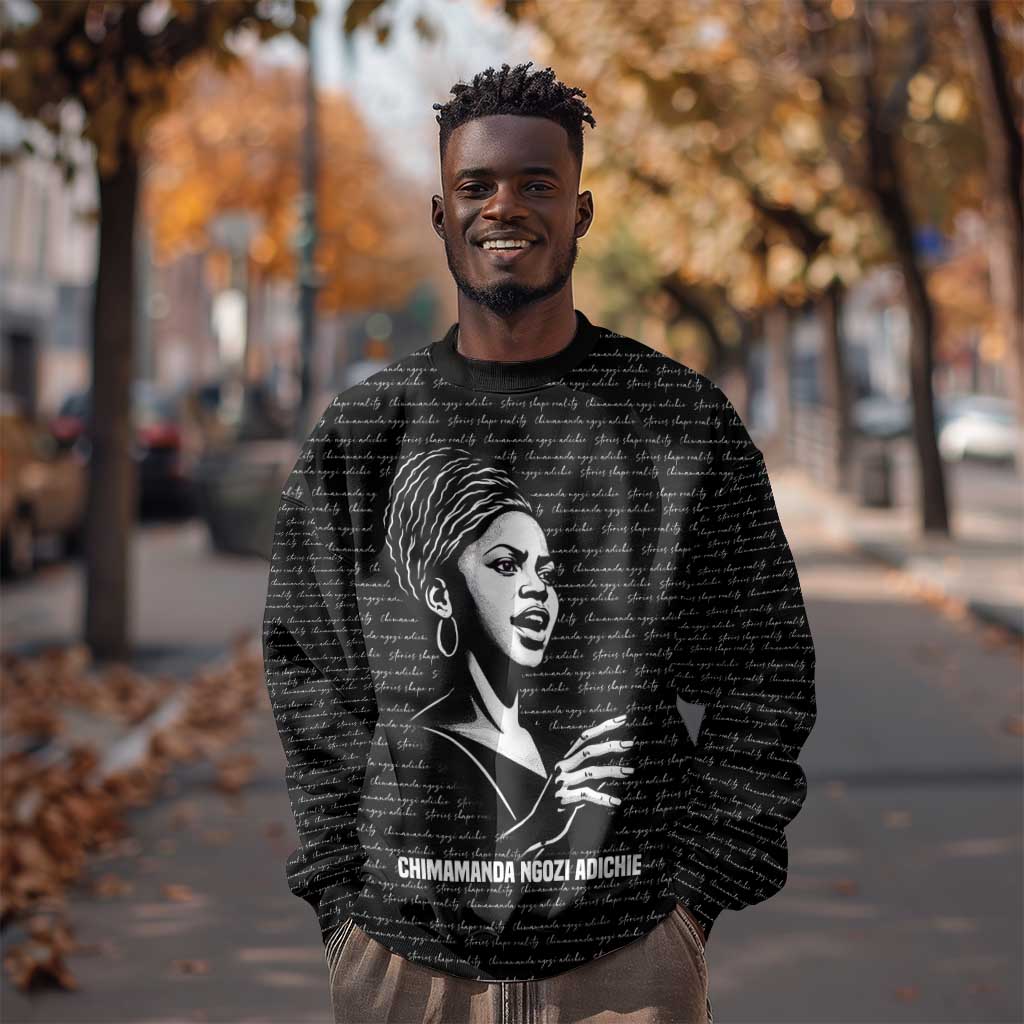 Chimamanda Ngozi Adichie Sweatshirt with Expressive Speaking Portrait, Stories Shape Reality - Wonder Print Shop