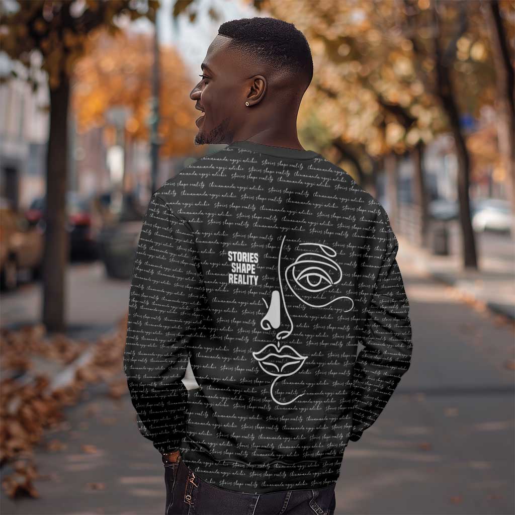 Chimamanda Ngozi Adichie Sweatshirt with Expressive Speaking Portrait, Stories Shape Reality - Wonder Print Shop