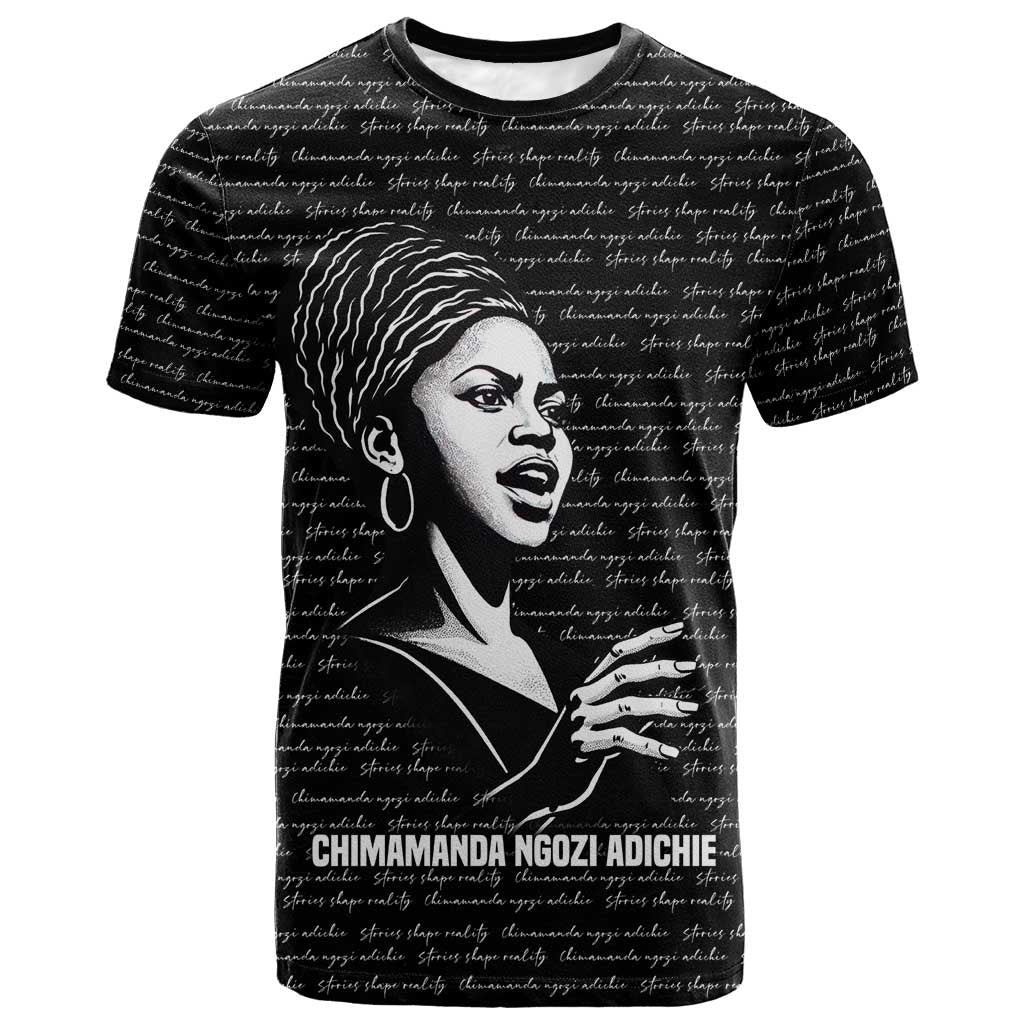 Chimamanda Ngozi Adichie T shirt with Expressive Speaking Portrait, Stories Shape Reality - Wonder Print Shop