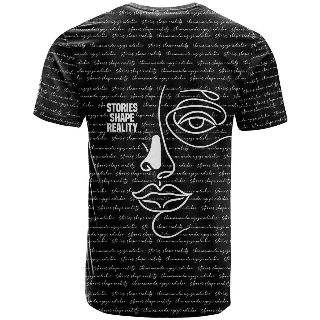Chimamanda Ngozi Adichie T shirt with Expressive Speaking Portrait, Stories Shape Reality - Wonder Print Shop