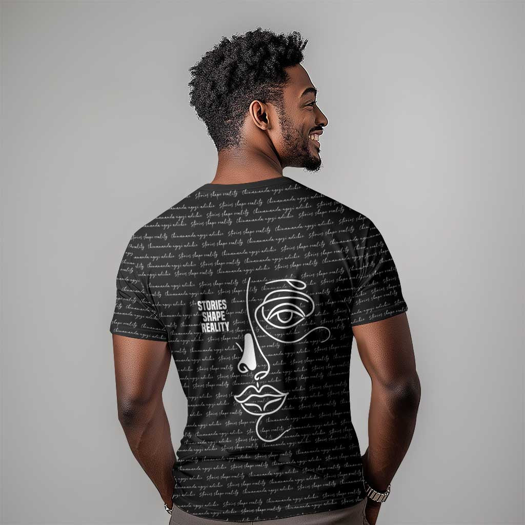 Chimamanda Ngozi Adichie T shirt with Expressive Speaking Portrait, Stories Shape Reality - Wonder Print Shop