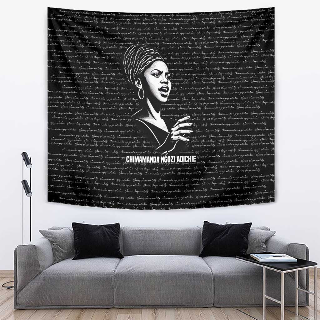 Chimamanda Ngozi Adichie Tapestry with Expressive Speaking Portrait, Stories Shape Reality - Wonder Print Shop