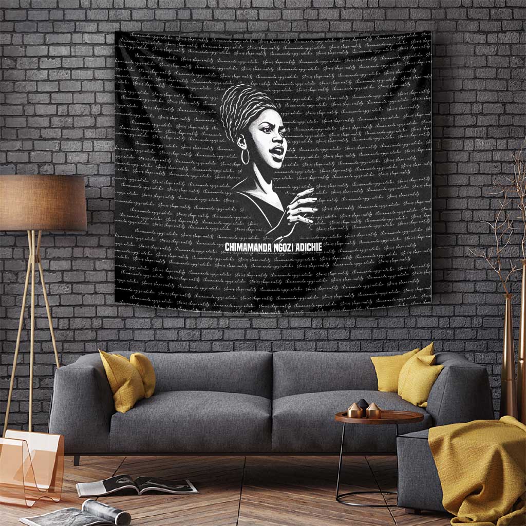 Chimamanda Ngozi Adichie Tapestry with Expressive Speaking Portrait, Stories Shape Reality - Wonder Print Shop