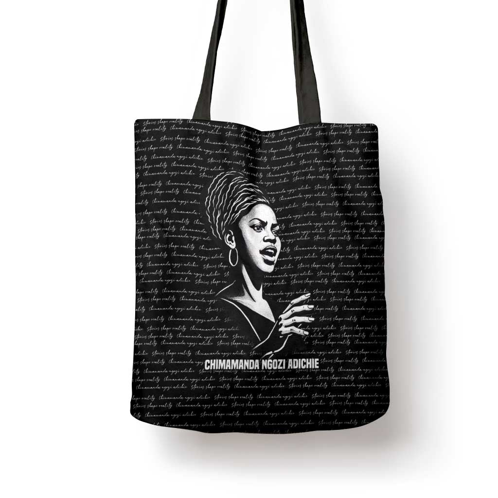 Chimamanda Ngozi Adichie Tote Bag with Expressive Speaking Portrait, Stories Shape Reality - Wonder Print Shop