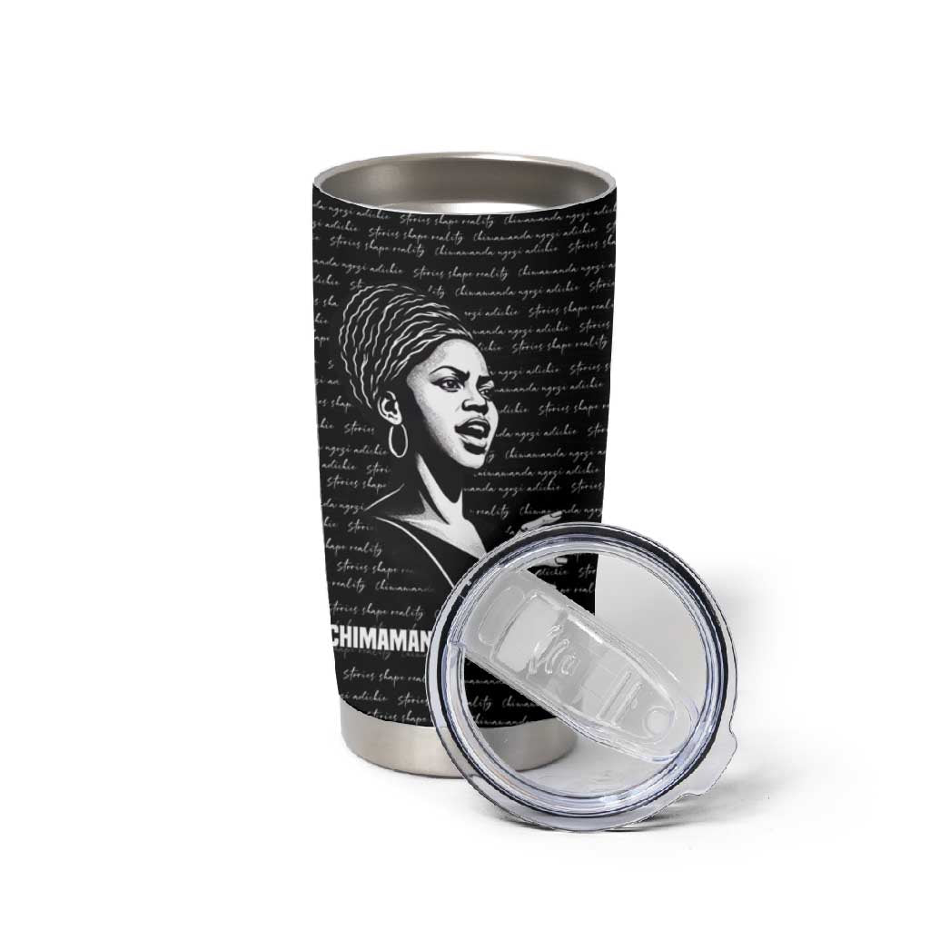 Chimamanda Ngozi Adichie Tumbler Cup with Expressive Speaking Portrait, Stories Shape Reality - Wonder Print Shop