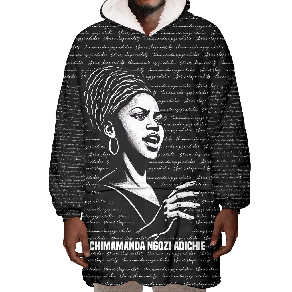 Chimamanda Ngozi Adichie Wearable Blanket Hoodie with Expressive Speaking Portrait, Stories Shape Reality - Wonder Print Shop
